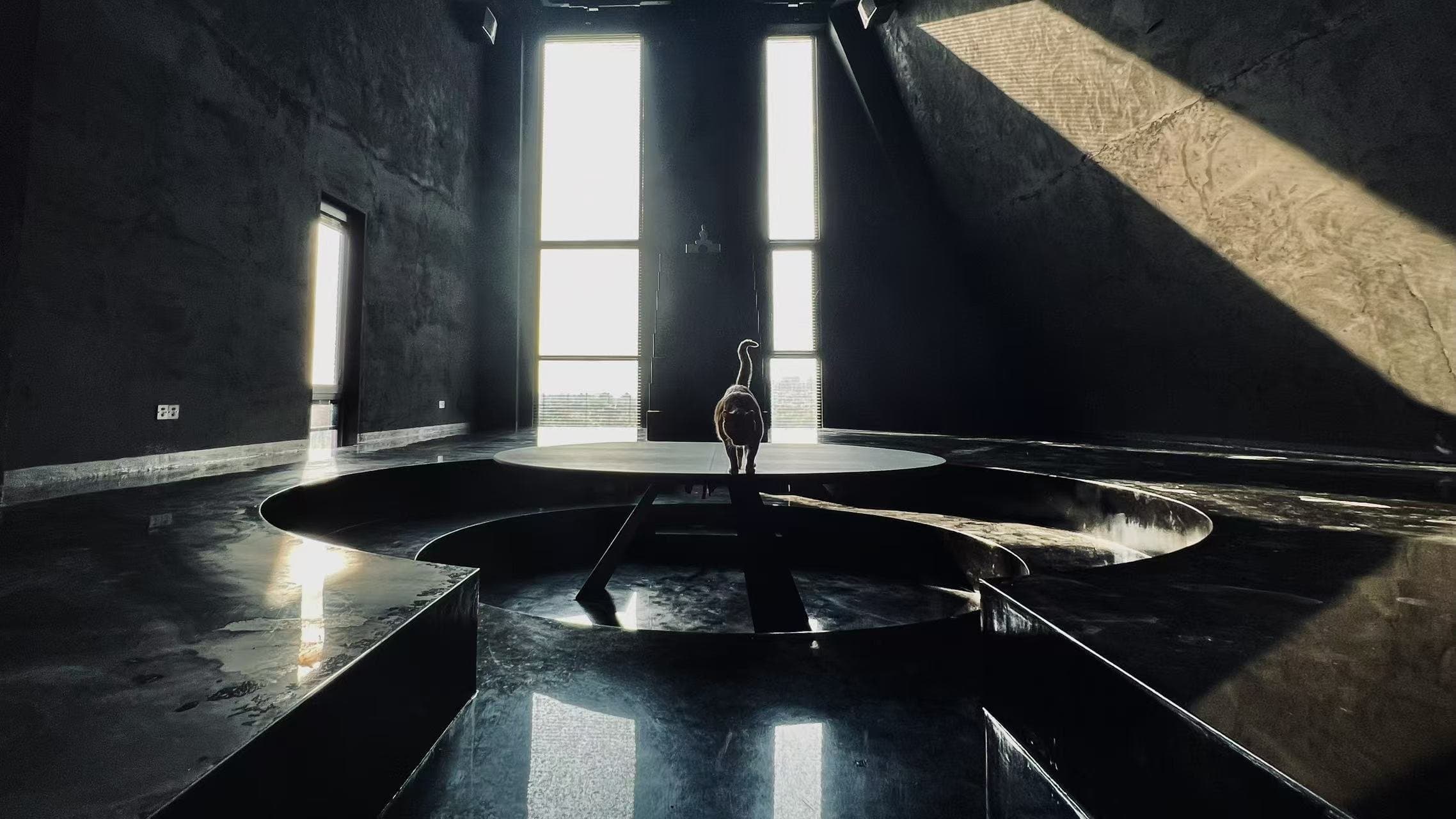 Spatial study — dark stone hall with a circular pool